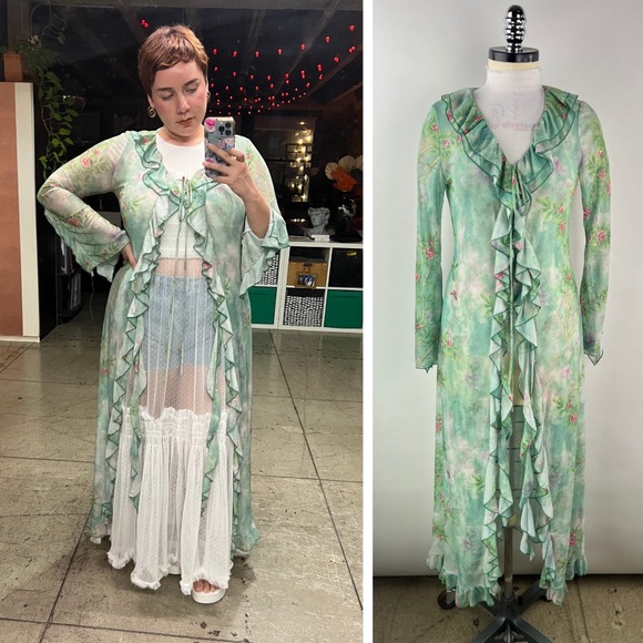 Sweaters - 451B-GREEN. Floral Long Mesh Ruffled Cardigan